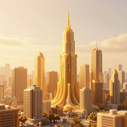 Photorealistic CGI of a golden-hued, futuristic cityscape at sunset, featuring a towering, curvilinear skyscraper amidst modern, rectangular buildings