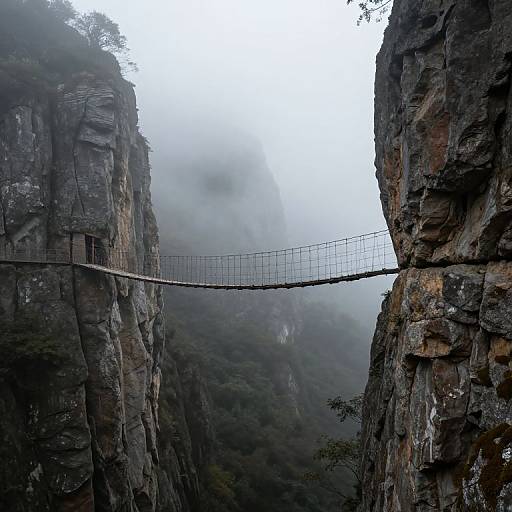 Photograph of a misty, narrow suspension bridge connecting two towering, rugged, rocky cliffs with dense, forested mountains in the background.