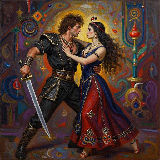 Digital painting of a muscular man in black, ornate armor with sword, and a beautiful woman in a red and blue gown, touching foreheads against