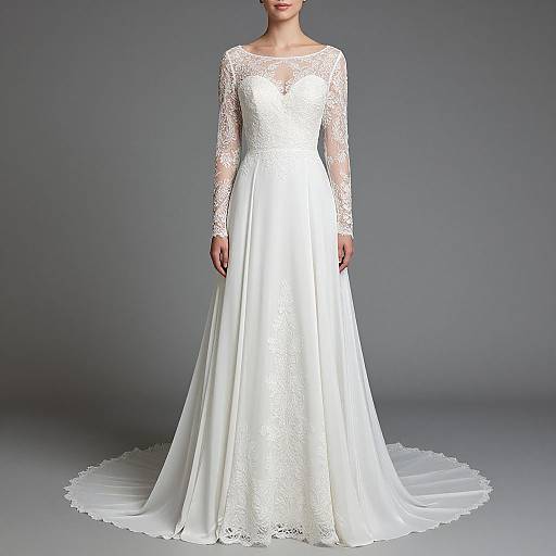 Photograph of a woman wearing a white, long-sleeved lace wedding dress with a sheer neckline and a flowing, floor-length skirt.