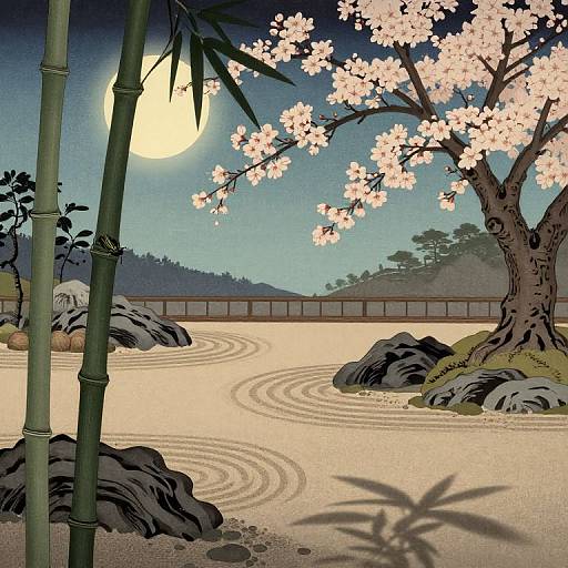 Digital art of a serene Japanese garden at night, featuring cherry blossoms, bamboo, a full moon, and a tranquil raked sand pattern.
