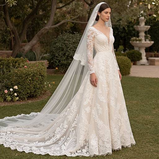 Photograph of a woman in an elegant, white lace wedding dress with a long veil, standing in a lush garden with trees and a stone fountain in