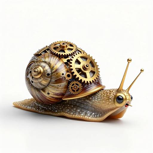 Digital illustration of a steampunk snail with a golden, gear-adorned shell, metallic textures, and detailed, reflective eyes.