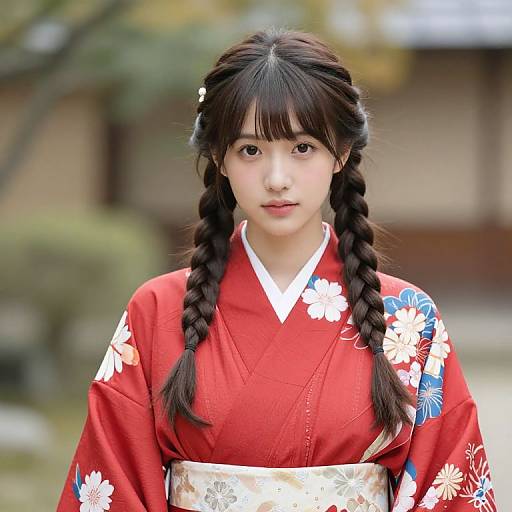 Asian Girl in Red and Blue Kimono