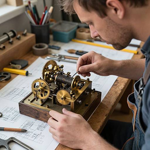 Photograph of a focused man with short brown hair and beard, assembling intricate brass gears on a wooden table, surrounded by tools and blue and yellow objects
