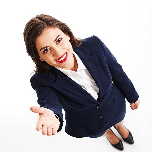 Photograph of a smiling woman with dark brown hair, wearing a navy blazer, white shirt, and black shoes, extending her right hand forward,