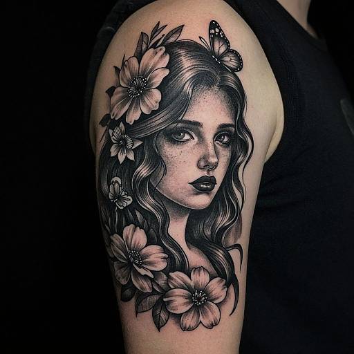 Melancholic Woman Tattoo with Flowers