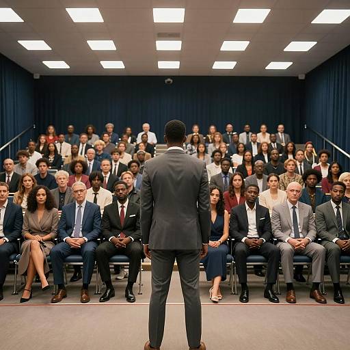 Speaker addressing diverse audience in auditorium
