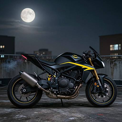 Nighttime photograph of a sleek, black Yamaha sport motorcycle with yellow accents, under a full moon, on a rooftop. Urban buildings in the background.