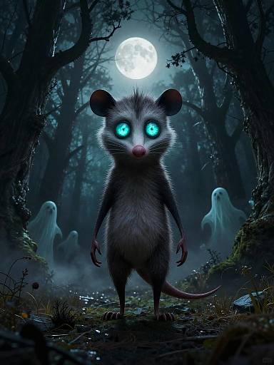Digital artwork of a glowing-eyed, anthropomorphic opossum standing in a dark, spooky forest with ghostly figures and a full moon.