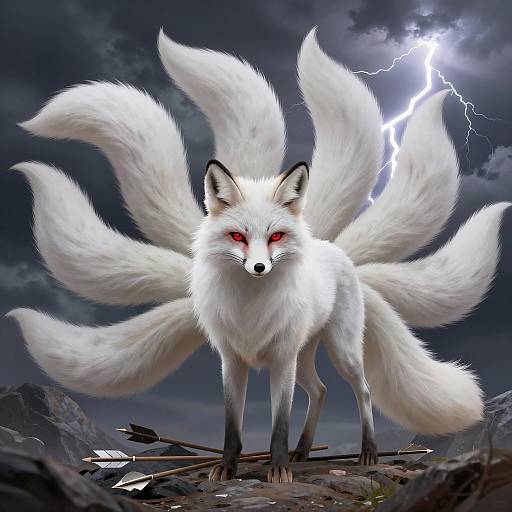 Nine-Tailed White Fox with Red Eyes and Lightning
