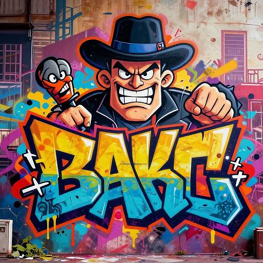 Cartoonish, muscular man with black hat, clenched fists, and angry expression, stands behind vibrant 