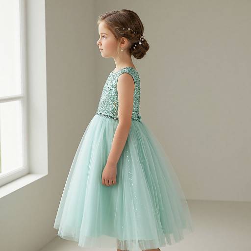 Photograph of a young girl with light brown hair in a bun, wearing a turquoise, sparkly bodice and tulle skirt, standing in a