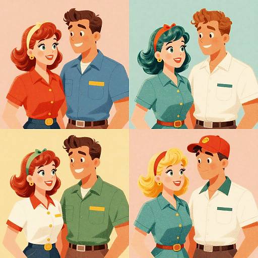 Colorful digital illustration of four cheerful couples in vintage work uniforms, smiling and standing close, with different backgrounds and outfits.