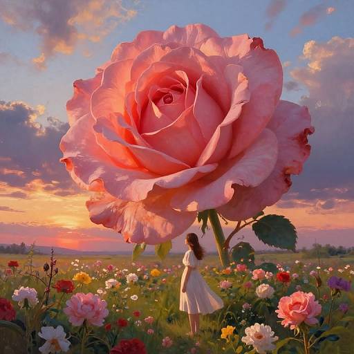 Digital painting of a girl in a white dress standing before a gigantic pink rose in a vibrant sunset field, surrounded by colorful flowers.