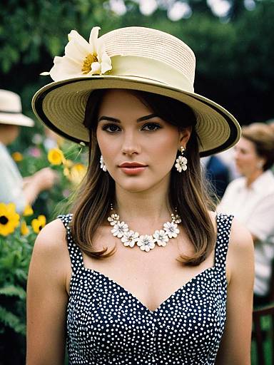 Woman in Garden Party Attire with Floral Hat and Jewelry