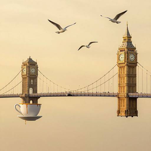 Digital artwork: Two flying birds above a golden-hued London Bridge with the Big Ben clock tower, and a floating white teacup.