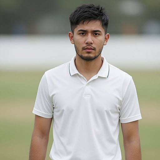 Photograph of a young Asian man with short black hair and light brown skin, wearing a white polo shirt, standing in a grassy outdoor field with