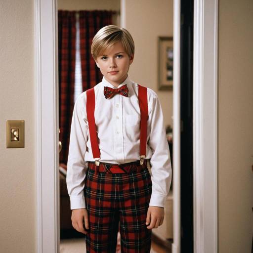 Boy in Red Plaid Outfit Standing Indoors