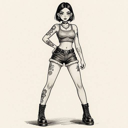 Black and white digital drawing of a tattooed, short-haired woman in a crop top and high-waisted denim shorts, standing confidently with hands on