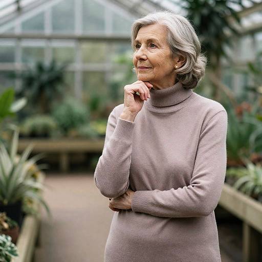 Thoughtful Elderly Woman in Greenhouse