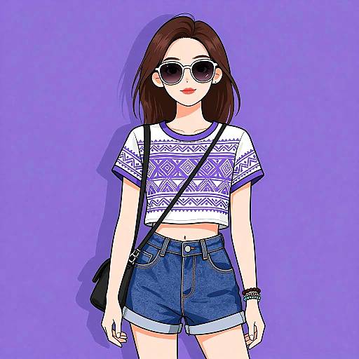 Stylish woman in ethnic print crop top and denim shorts