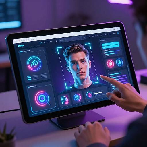 Photograph of a touchscreen interface with a blue-lit portrait of a serious young man, neon icons, and a hand pointing.