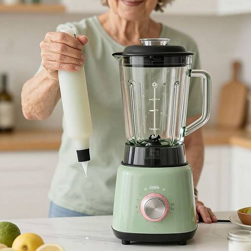 Photograph of a middle-aged woman with short curly hair, wearing a light green shirt, holding a milk container over a mint-green blender in a bright
