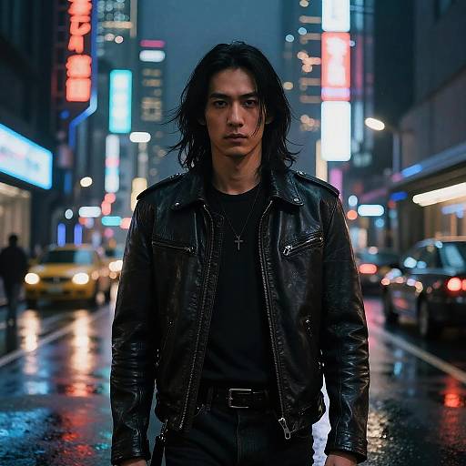 Photograph of a serious, dark-haired man in a black leather jacket standing on a rain-soaked, neon-lit city street at night.