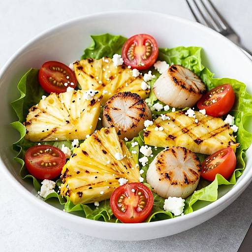 Photograph of a fresh salad bowl with grilled yellow fish, crumbled feta, sliced tomatoes, and leaf lettuce, seasoned with black pepper.