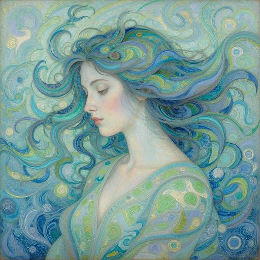 Digital painting of a serene, fair-skinned woman with flowing, iridescent blue-green hair, wearing a patterned, translucent top, set against