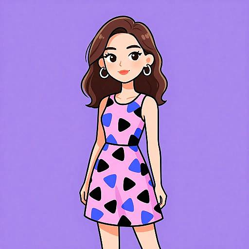 Digital cartoon of a smiling woman with brown hair, wearing a pink dress with blue and black heart patterns, large hoop earrings, against a solid lavender background