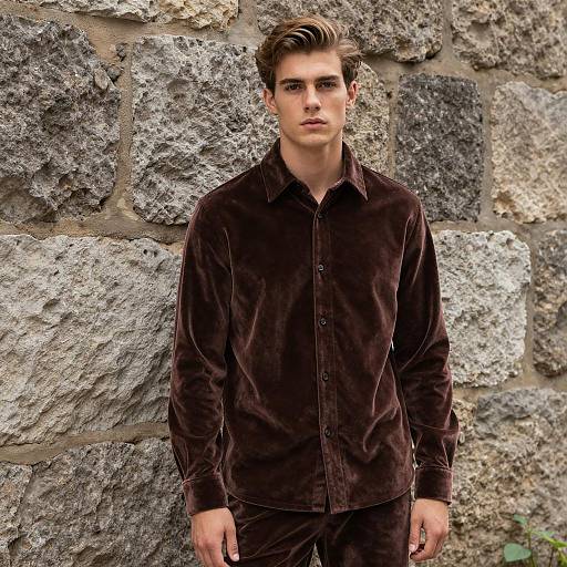 Young Man in Brown Velvet Shirt by Stone Wall