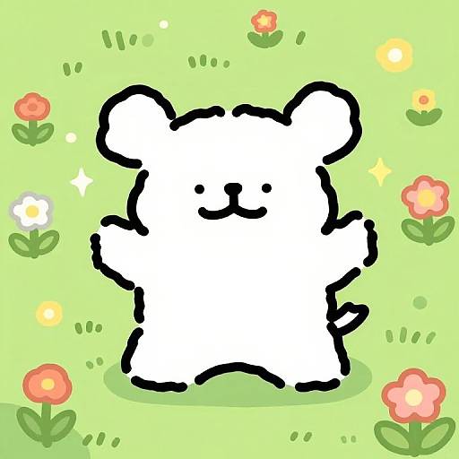Cute, simple digital drawing of a white, black-outlined, smiling bear standing in a green, floral meadow with colorful flowers.