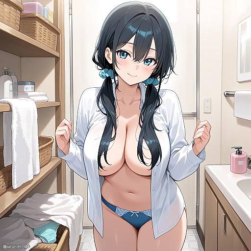 Playful Hair-Censored Solo Bathroom Pose