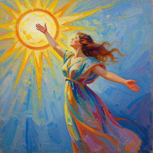 Vibrant oil painting of a woman with flowing brown hair, wearing a colorful, flowing dress, reaching up towards a radiant, golden sun against a
