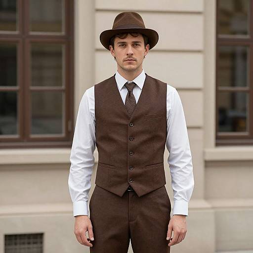 Photograph of a young man with fair skin, dark brown hair, wearing a brown vest, white shirt, black tie, and brown hat, standing