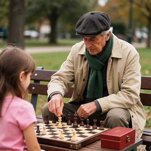 Elderly Man and Young Girl Playing Chess Outdoors
