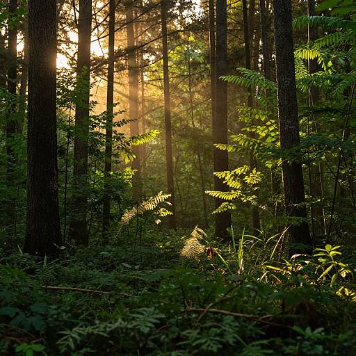 Photograph of a sunlit forest with tall trees, bright golden sunlight filtering through, casting rays, and green ferns and foliage in the foreground.