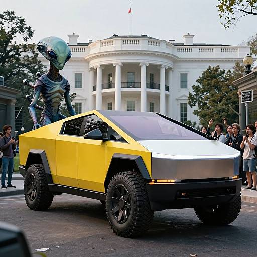 Photograph of a futuristic, yellow and white, angular, off-road car with a robot head on top, in front of the White House. Crow