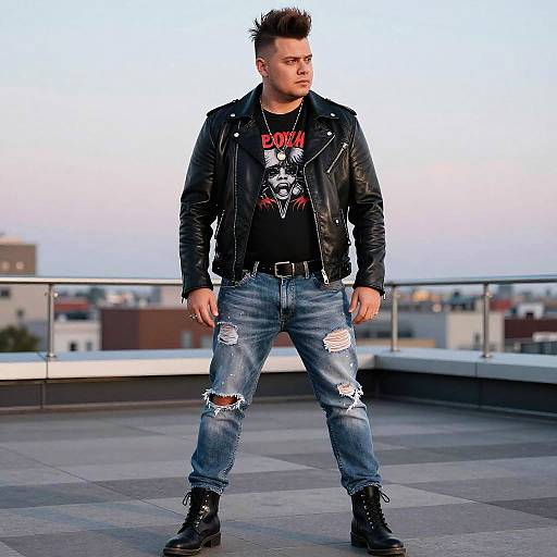 Photograph of a muscular, fair-skinned man with spiked black hair, wearing a black leather jacket, ripped jeans, and black boots, standing on