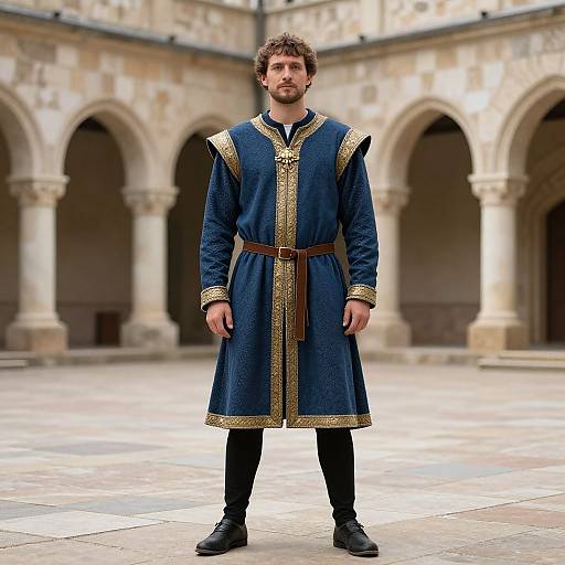 Photograph of a curly-haired, bearded man in medieval-style navy blue robe with gold trim, brown belt, black pants, and boots, standing