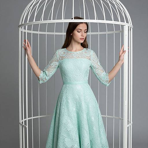 Photograph of a fair-skinned woman with dark brown hair, wearing a light blue lace dress, standing inside a white birdcage against a gray