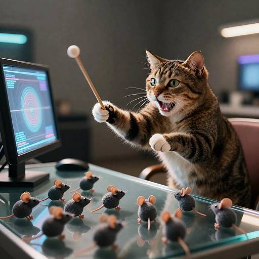 Cat Maestro Leading Toy Mice Orchestra