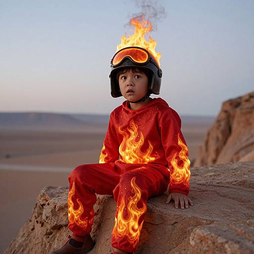 Photograph of a young child in red fire-themed outfit with flames on clothes and helmet, sitting on rocky desert cliff at sunset.