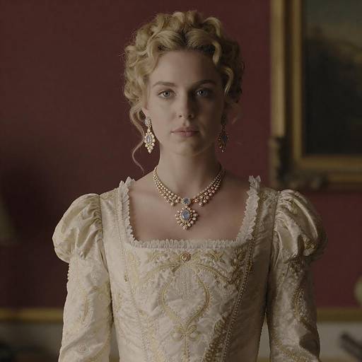 Woman in Ornate Cream Dress with Curly Blonde Hair