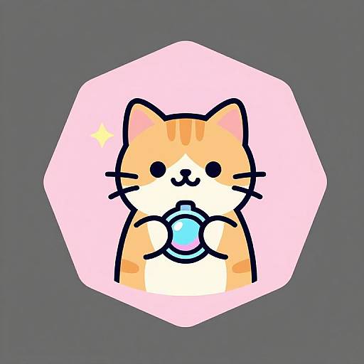 Cute digital drawing of a chibi-style orange cat with black lines, holding a blue ball, on a pink hexagon background.