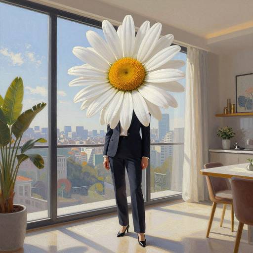 Photograph of a person in a black suit and black heels, with a giant white daisy with a yellow center as a head, standing in a