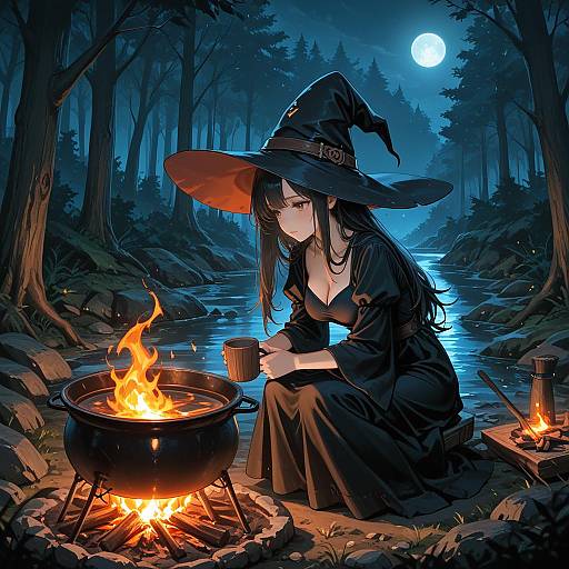 Enchanted Witch by the Moonlit Fire