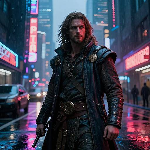 Digital artwork of a rugged, long-haired man in a dark, armored coat, holding a gun, standing in a neon-lit, rainy urban street